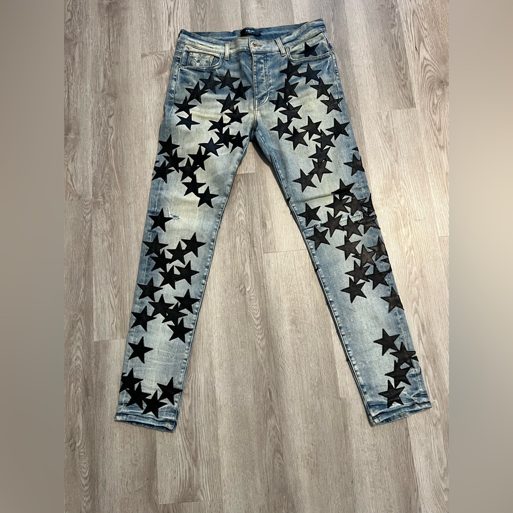 AMIRI Black and Blue Skinny Jeans with Star Pattern